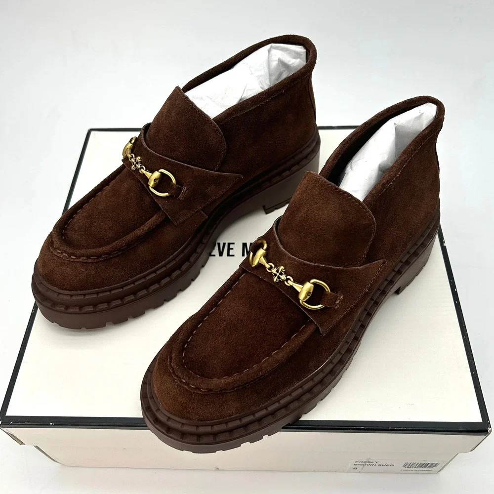 Womens Block Heeled Bootie Steve Madden Presly Sz 8 Dark Brown Suede Moc Toe NEW